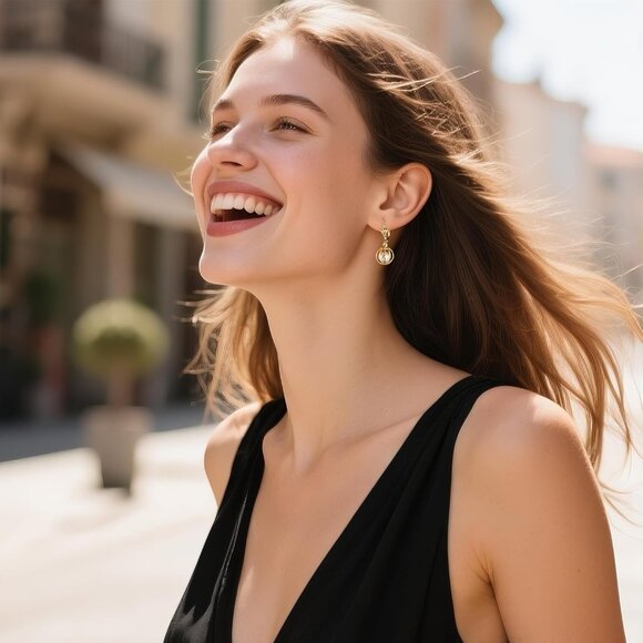 14k Gold Plated Pearl Dangle Drop Hypoallergenic Circle Earrings for Women - Picture 4 of 7